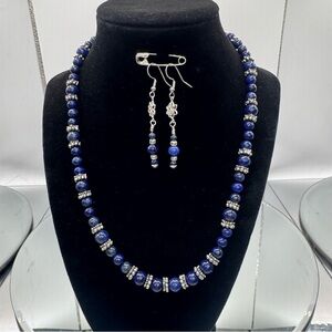 Lapis Lazuli Blue and Silver Beaded Necklace and Earring Set